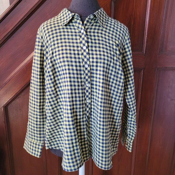 Talbots Womens Petites Checkered Button-Up Shirt Yellow/Blue Plaid Xp Cotton - Picture 1 of 4
